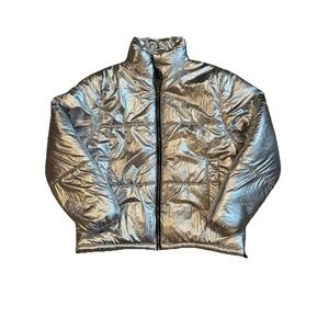 Women's Puffer Jacket Metallic Silver Size M Shiny Winter Ski Trend